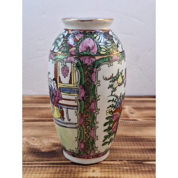 Chinese Red Dragon Stamp Family Rose Porcelain Vase Vtg 6" X 3" Floral Bird Deco - Picture 6 of 12